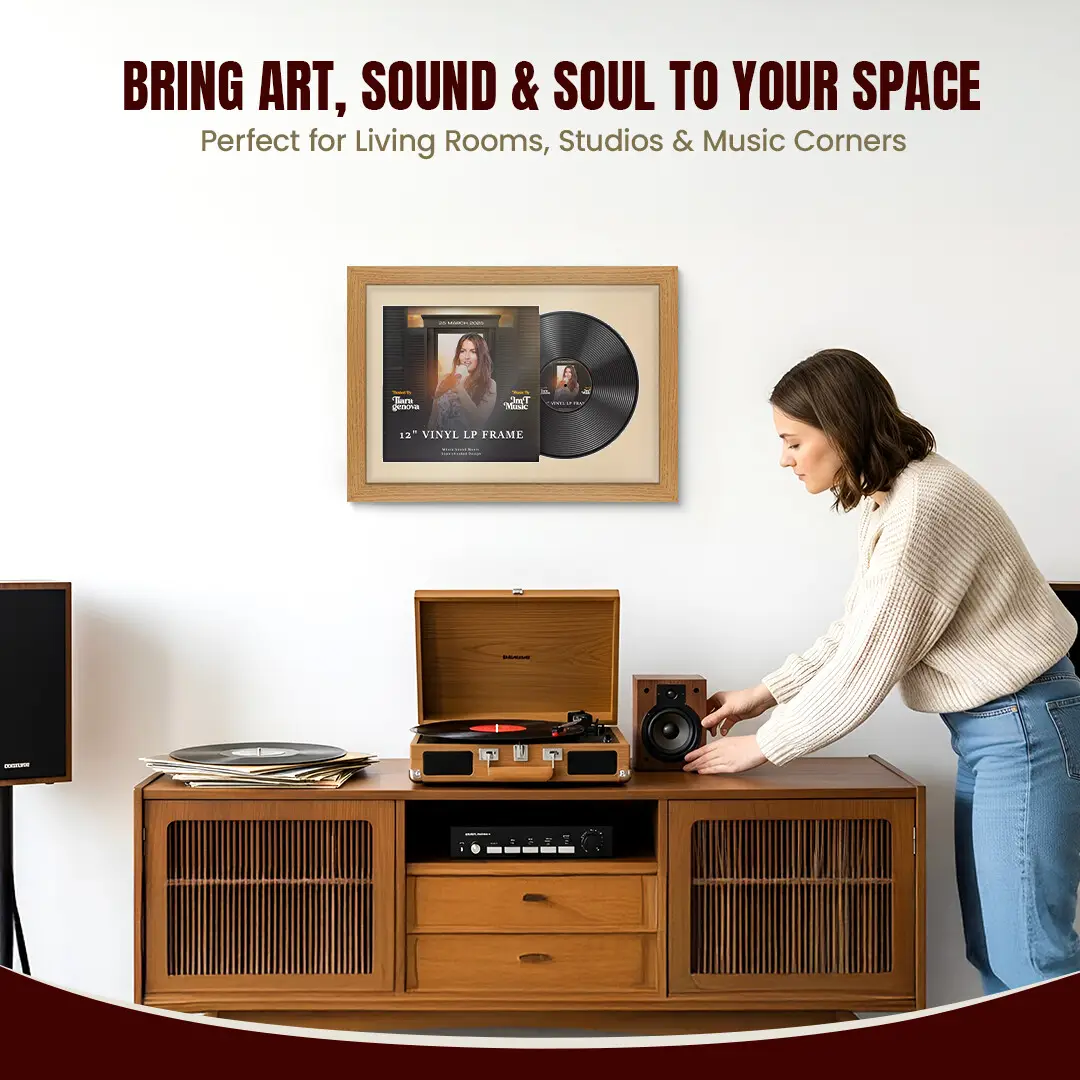 25x17" Modern Oak Vinyl Record Frame For 12 Inch LP Cover & Disc (Overlapped) With Ivory Mount | Elegant Music Display thumbnail 6