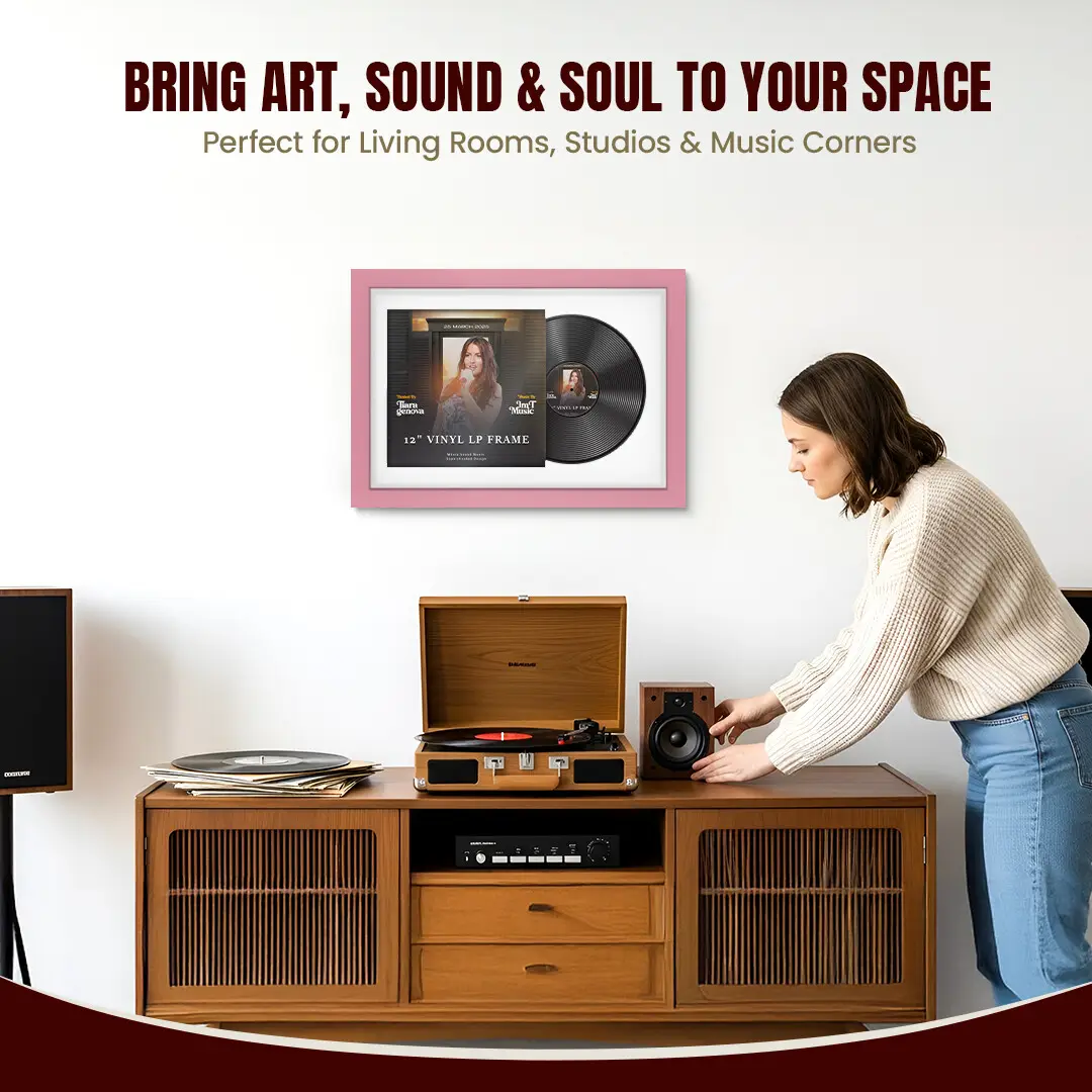 25x17" Modern Pastel Pink Vinyl Record Frame For LP Cover & Disc With Ice White Mount | Overlapped Display thumbnail 6