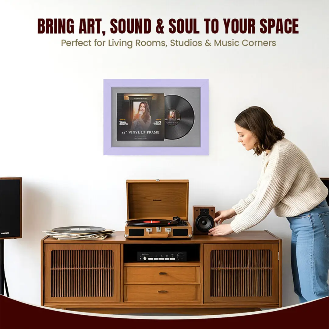 25x17" Modern Purple Vinyl Record Frame For 12 Inch LP Cover & Disc (Overlapped) With Mid Grey Mount | Elegant Music Display thumbnail 6
