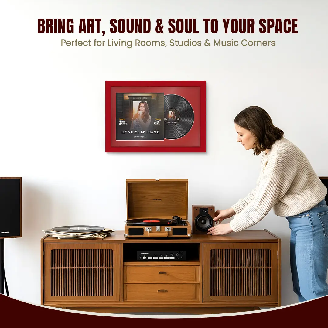 25x17" Modern Red Vinyl Record Frame For 12 Inch LP Cover & Disc With Crimson Mount | Overlapped Vinyl Display thumbnail 6