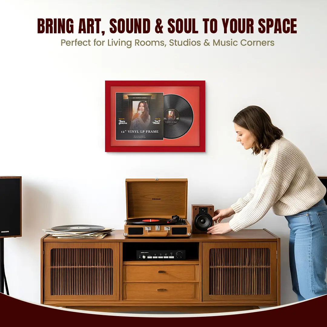 25x17" Modern Red Vinyl Record Frame For LP Cover & Disc With Poppy Red Mount | Overlapped Display thumbnail 6