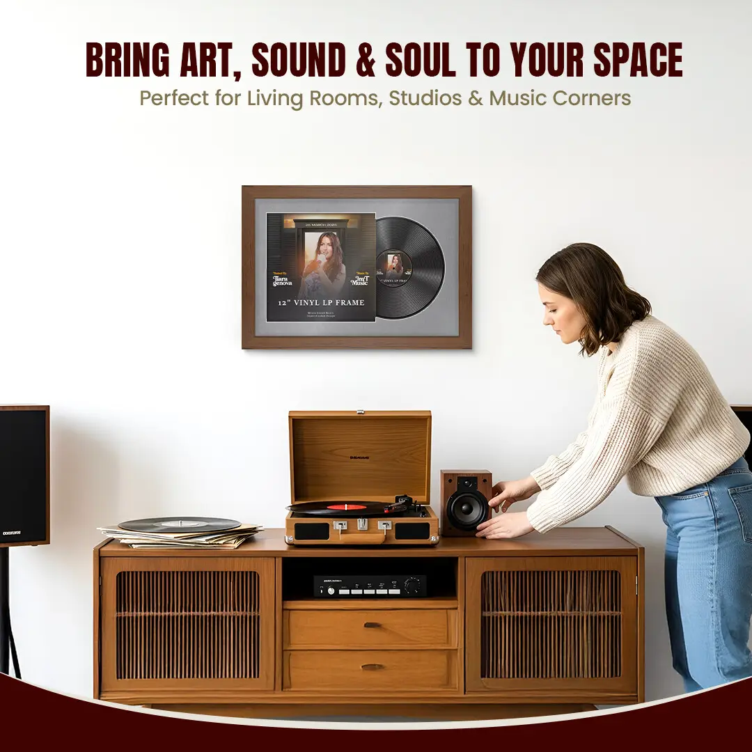 25x17" Modern Walnut Vinyl Record Frame For 12 Inch LP Cover & Disc With Mid Grey Mount | Overlapped Vinyl Display thumbnail 6
