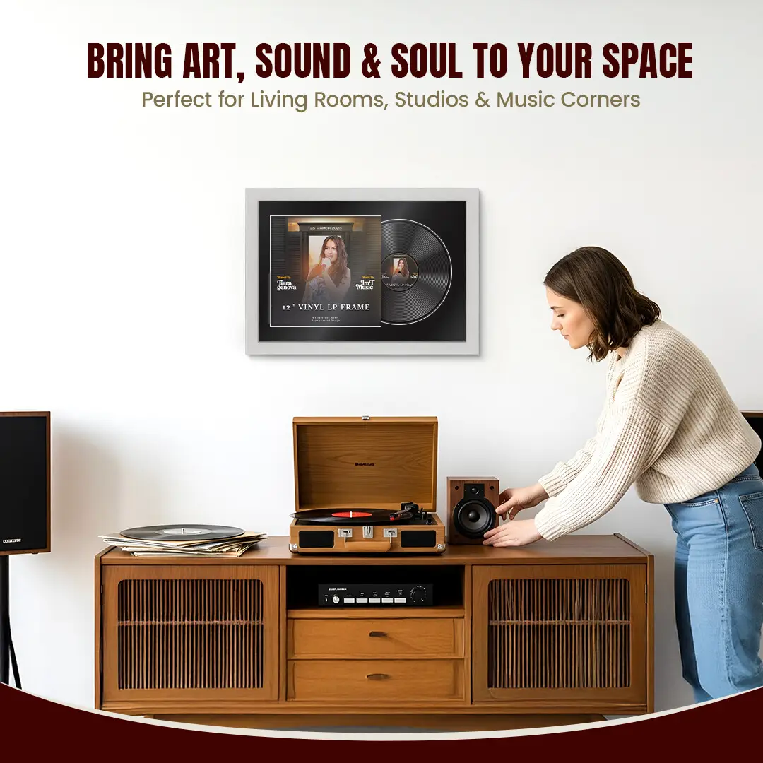 25x17" Modern Ash White Vinyl Record Frame For 12 Inch LP Cover & Disc (Overlapped) With Black Mount | Elegant Music Display thumbnail 6