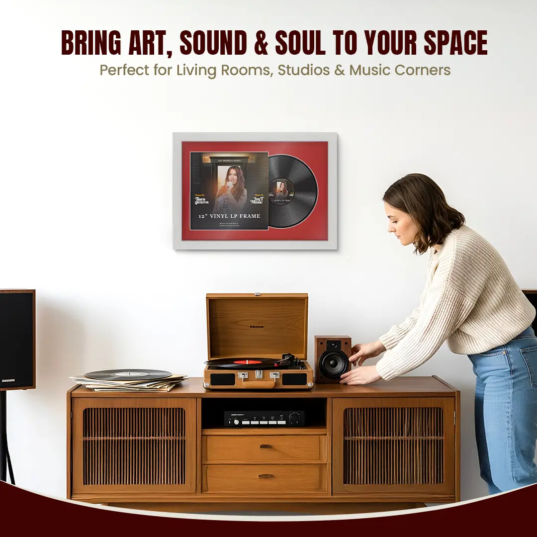 25x17" Modern Ash White Vinyl Record Frame For 12 Inch LP Cover & Disc With Crimson Mount | Overlapped Vinyl Display thumbnail 6