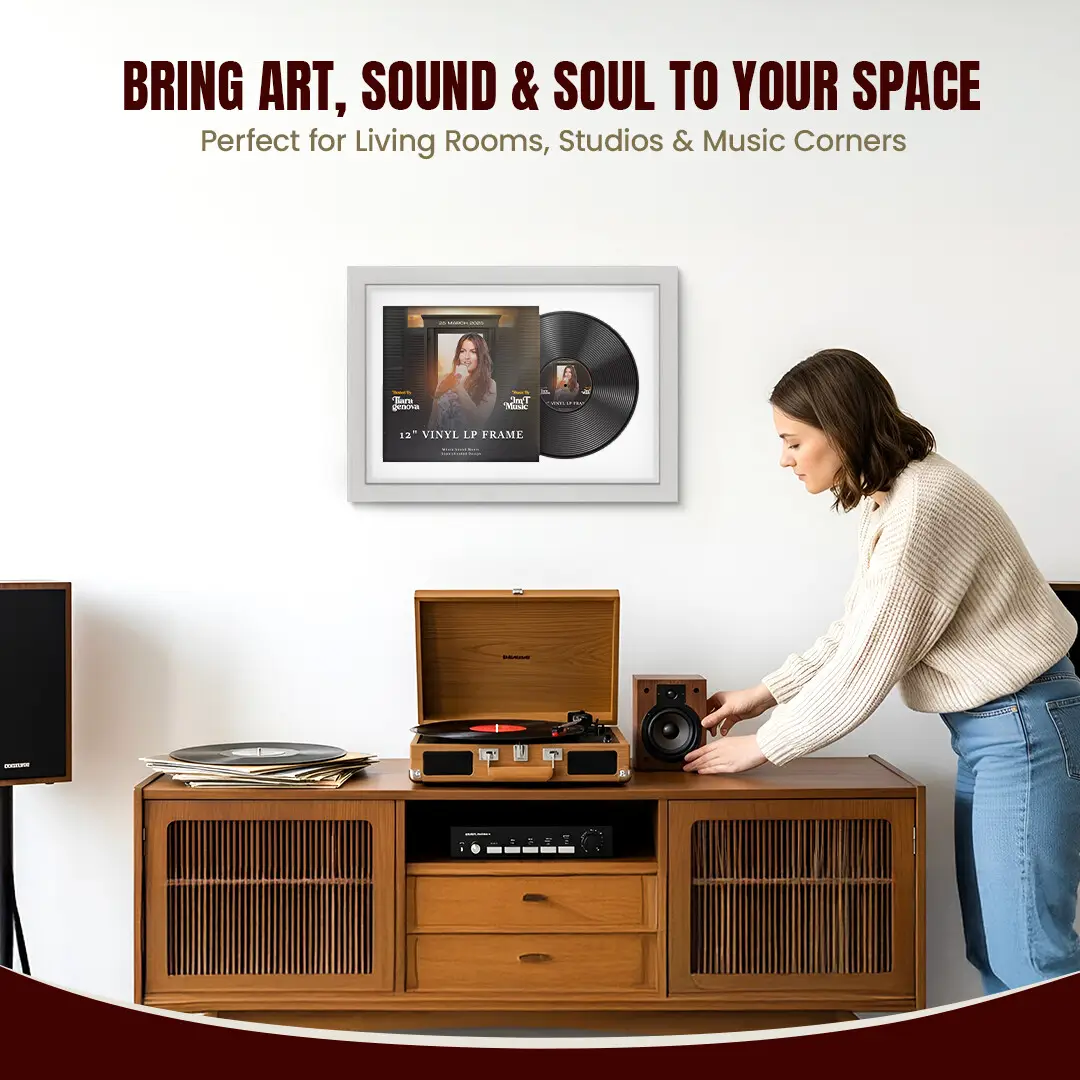 25x17" Modern Ash White Vinyl Record Frame For 12 Inch LP Cover & Disc (Overlapped) With Ice White Mount | Elegant Music Display thumbnail 6