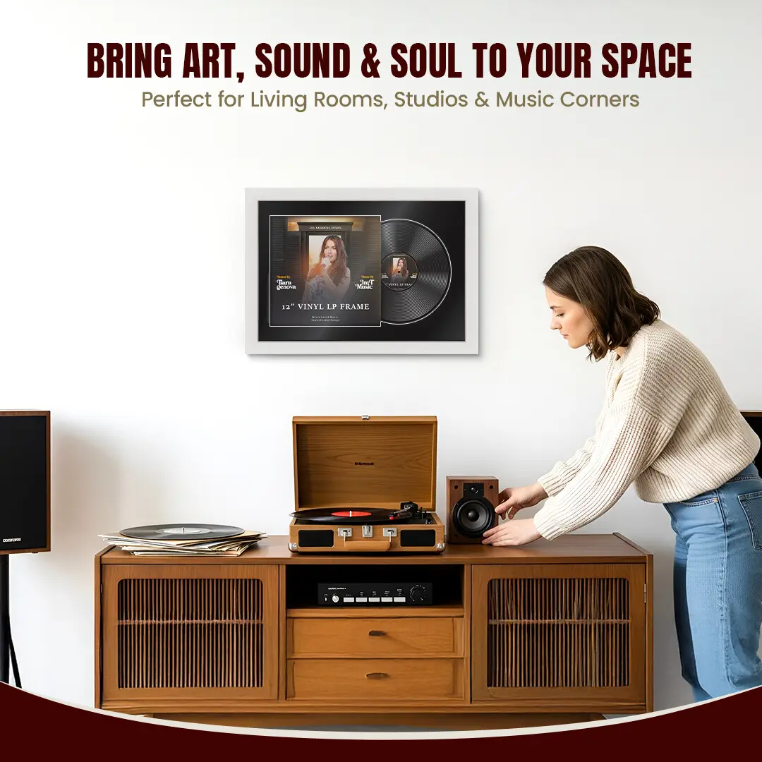 25x17" Modern White Vinyl Record Frame For 12 Inch LP Cover & Disc (Overlapped) With Black Mount | Elegant Music Display thumbnail 6
