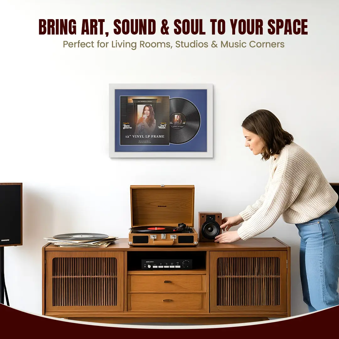 25x17" Modern White Vinyl Record Frame For 12 Inch LP Cover & Disc With Blue Mount | Overlapped Vinyl Display thumbnail 6