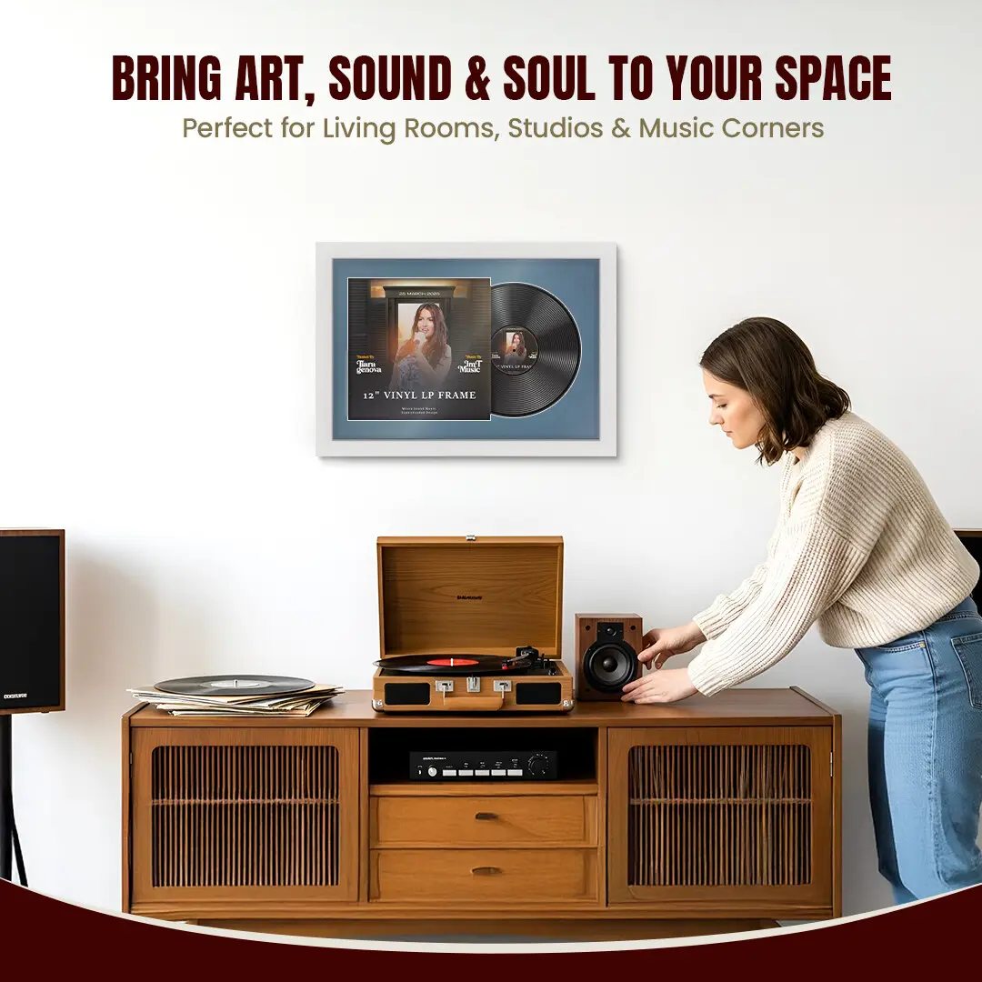 25x17" Modern White Vinyl Record Frame For 12 Inch LP Cover & Disc With Pompador Mount | Overlapped Vinyl Display thumbnail 6