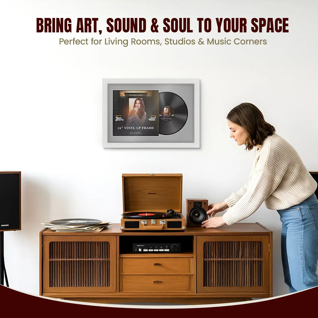 25x17" Modern White Vinyl Record Frame For LP Cover & Disc With Silver Mount | Overlapped Display thumbnail 6