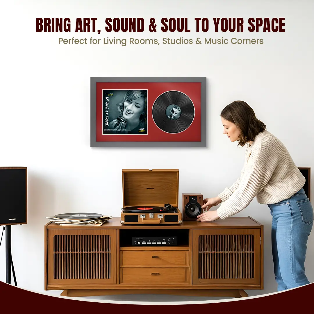 30x17" Modern Dark Grey Vinyl Record Frame With Crimson Mount | Side by Side 12" LP Cover & Disc Display thumbnail 6