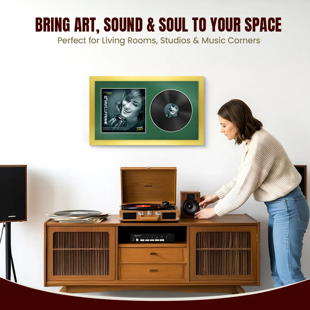 30x17" Modern Gold Vinyl Record Frame With Emerald (Green) Mount | For 12" LP Cover and Disc Side By Side Display thumbnail 6