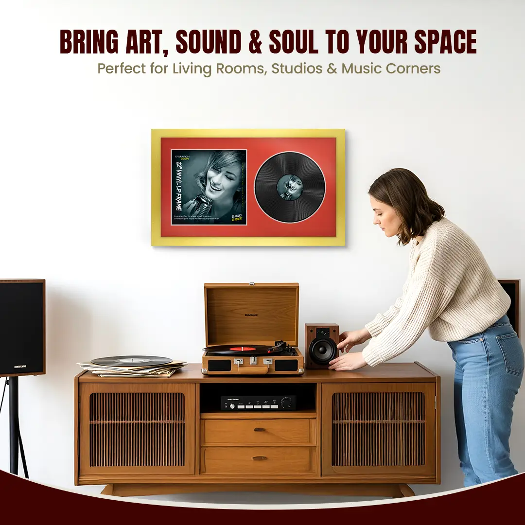 30x17" Modern Gold Vinyl Record Frame With Poppy Red Mount | Side by Side 12" LP Cover & Disc Display thumbnail 6