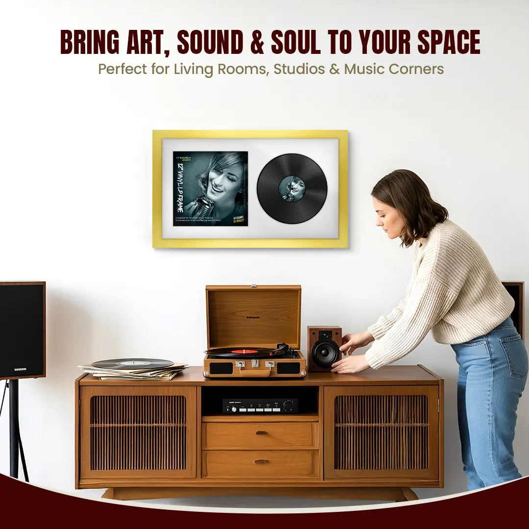 30x17" Modern Gold Vinyl Record Frame With Ice White Mount | For 12" LP Cover and Disc Side By Side Display thumbnail 6