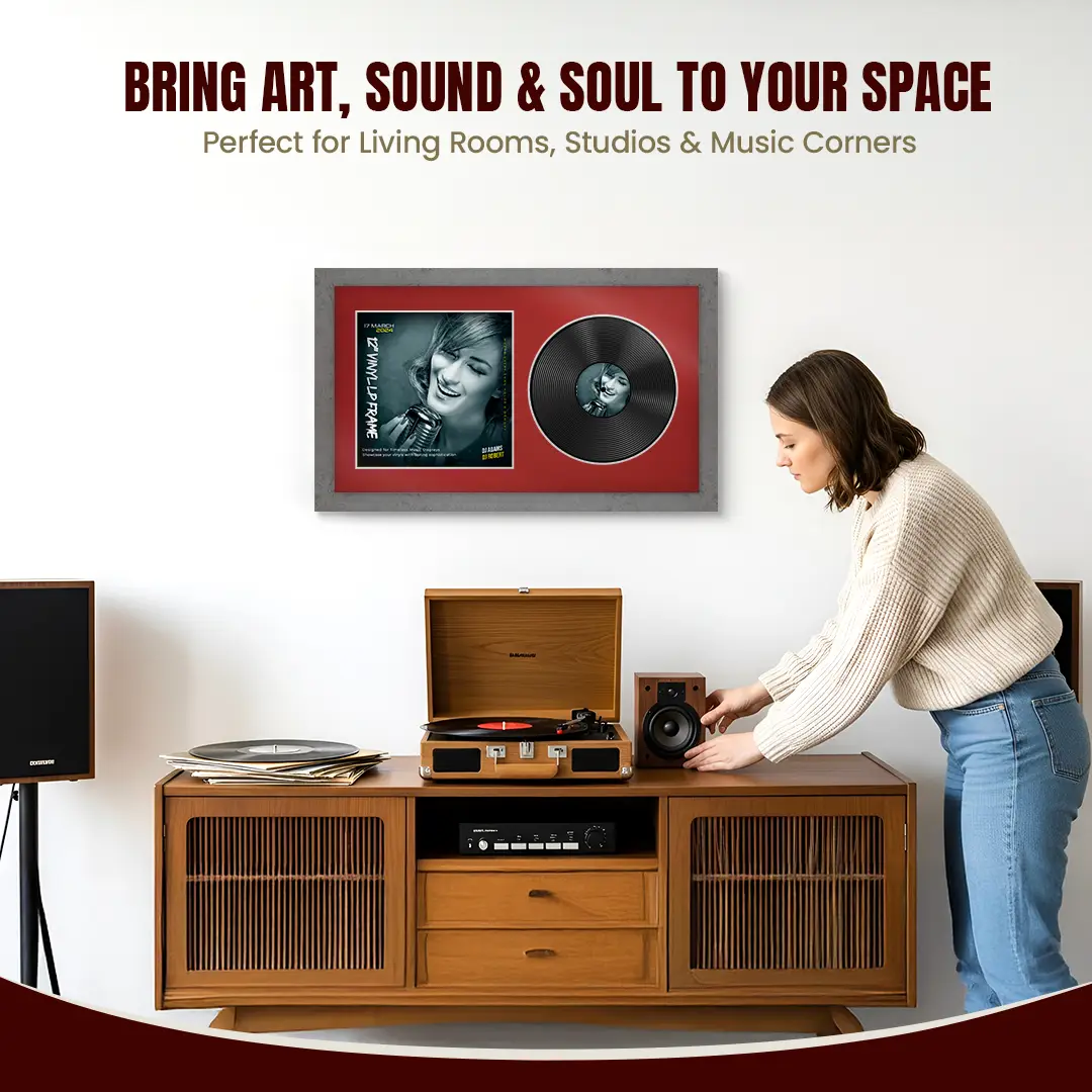 30x17" Modern Grey Marble Vinyl Record Frame With Crimson Mount | Displays 12" LP Cover & Disc Side by Side thumbnail 6