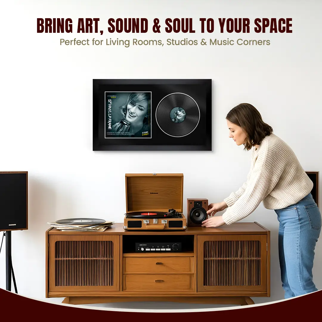 30x17" Modern Matte Black Vinyl Record Frame With Black Mount | For 12" LP Cover and Disc Side By Side Display thumbnail 6