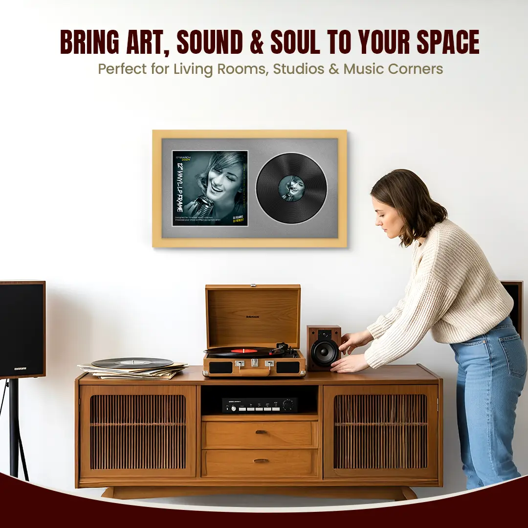 30x17" Modern Mustard Yellow Vinyl Record Frame With Silver Mount | Side by Side 12" LP Cover & Disc Display thumbnail 6