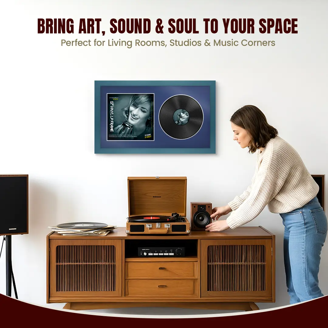 30x17" Modern Navy Blue Vinyl Record Frame With Blue Mount | Side by Side 12" LP Cover & Disc Display thumbnail 6