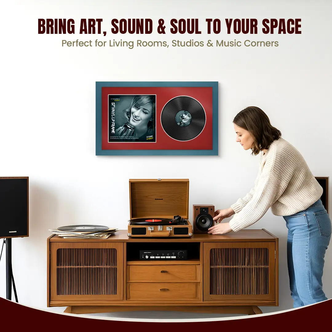 30x17" Modern Navy Blue Vinyl Record Frame With Crimson Mount | Side by Side 12" LP Cover & Disc Display thumbnail 6