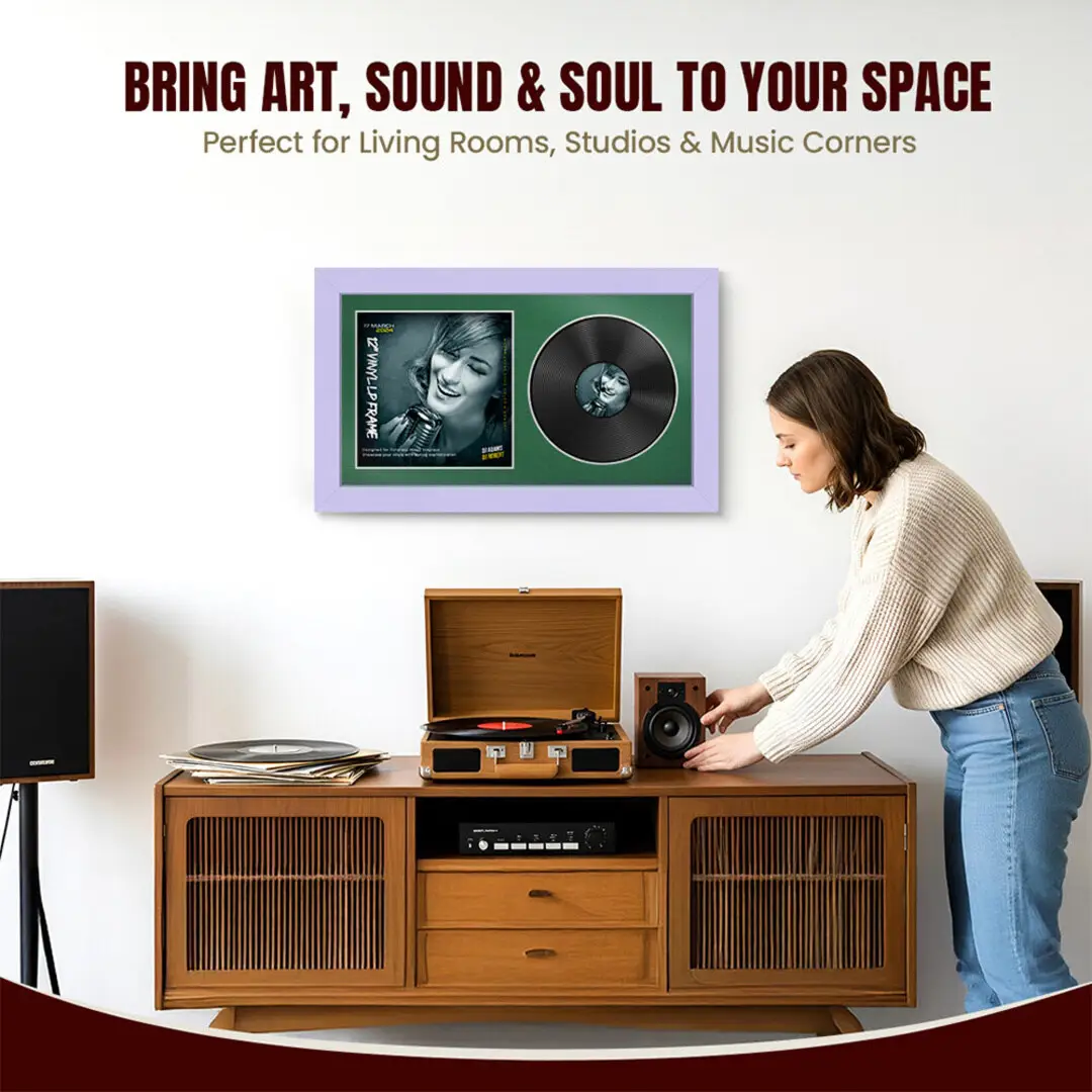 30x17" Modern Purple Vinyl Record Frame With Emerald (Green) Mount | For 12" LP Cover and Disc Side By Side Display thumbnail 6
