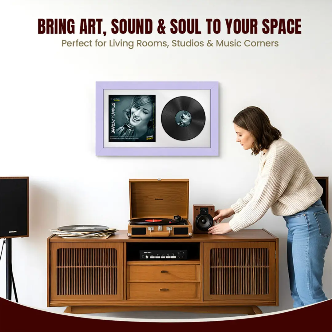 30x17" Modern Purple Vinyl Record Frame With Ice White Mount | Displays 12" LP Cover & Disc Side by Side thumbnail 6
