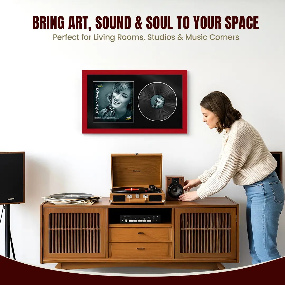 30x17" Modern Red Vinyl Record Frame With Black Mount | Displays 12" LP Cover & Disc Side by Side thumbnail 6