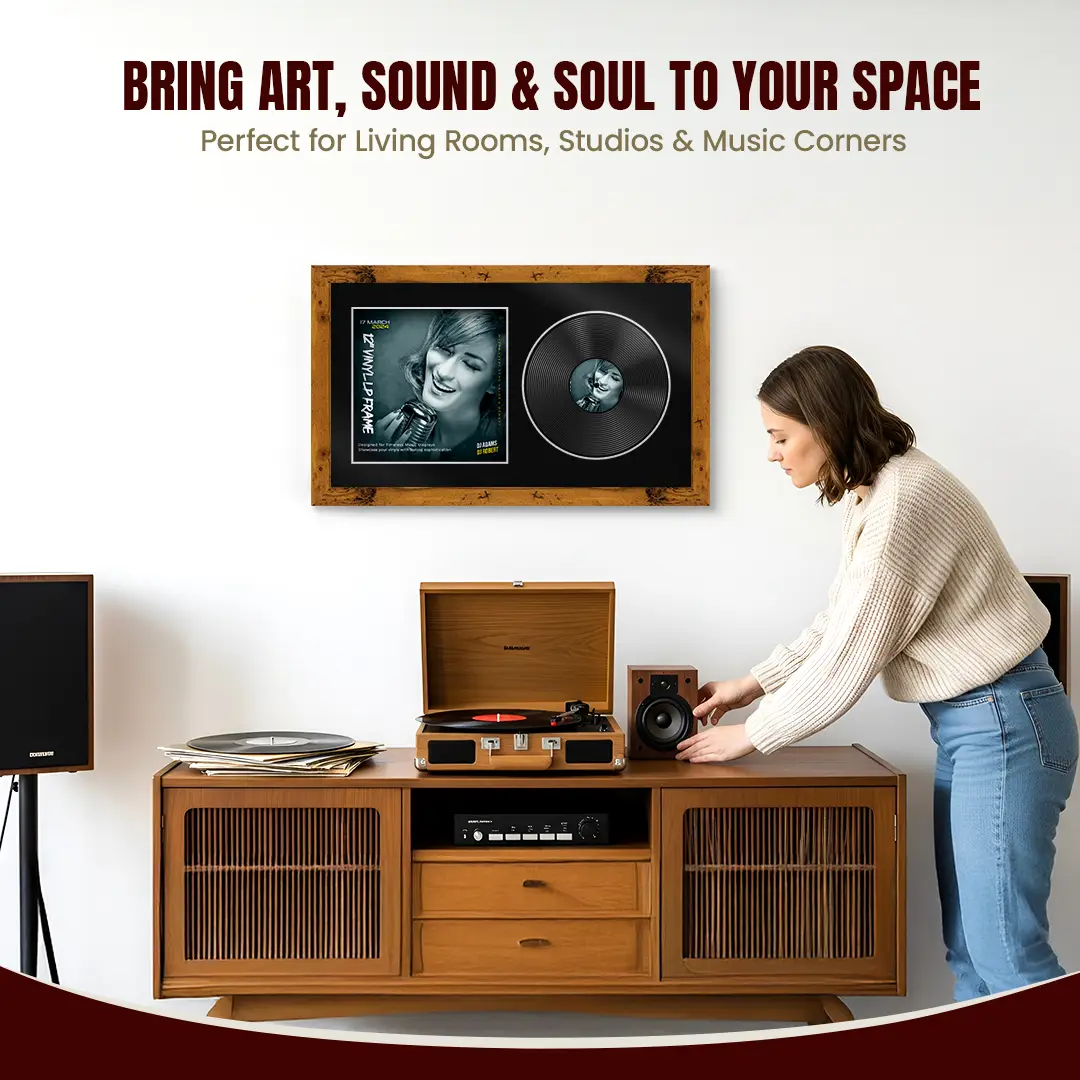 30x17" Modern Rustic Oak Vinyl Record Frame With Black Mount | Displays 12" LP Cover & Disc Side by Side thumbnail 6