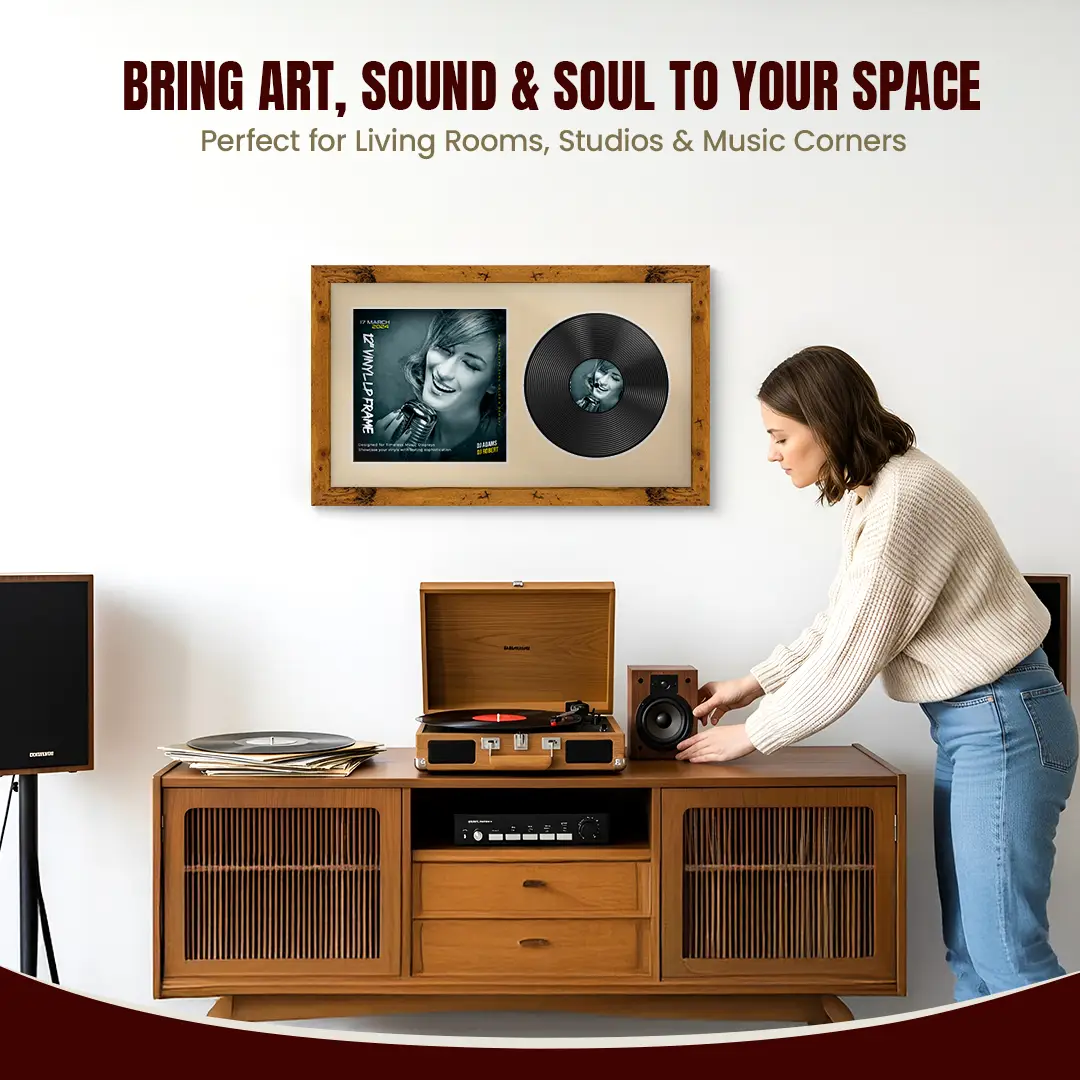 30x17" Modern Rustic Oak Vinyl Record Frame With Ivory Mount | Side by Side 12" LP Cover & Disc Display thumbnail 6