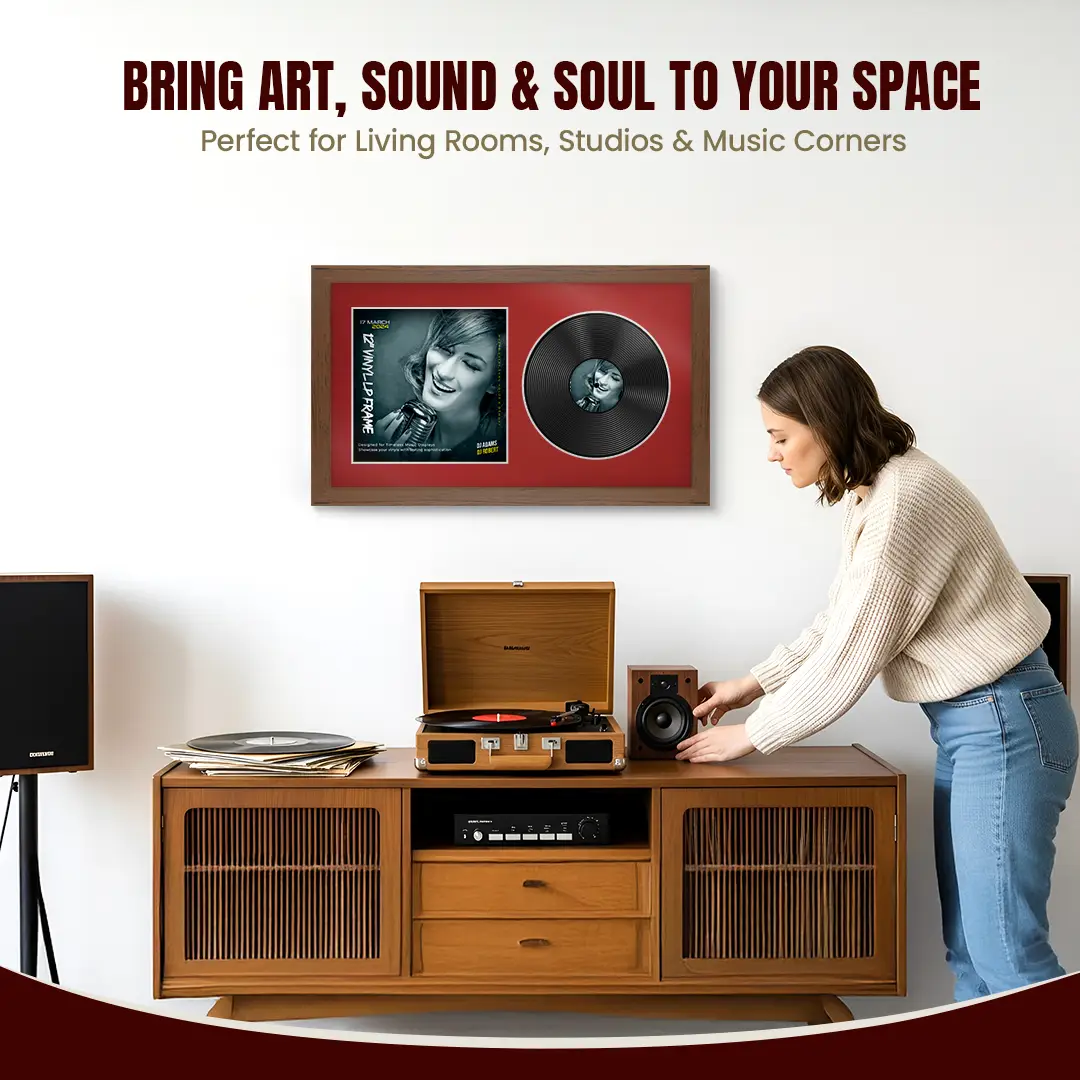 30x17" Modern Walnut Vinyl Record Frame With Crimson Mount | Side by Side 12" LP Cover & Disc Display thumbnail 6