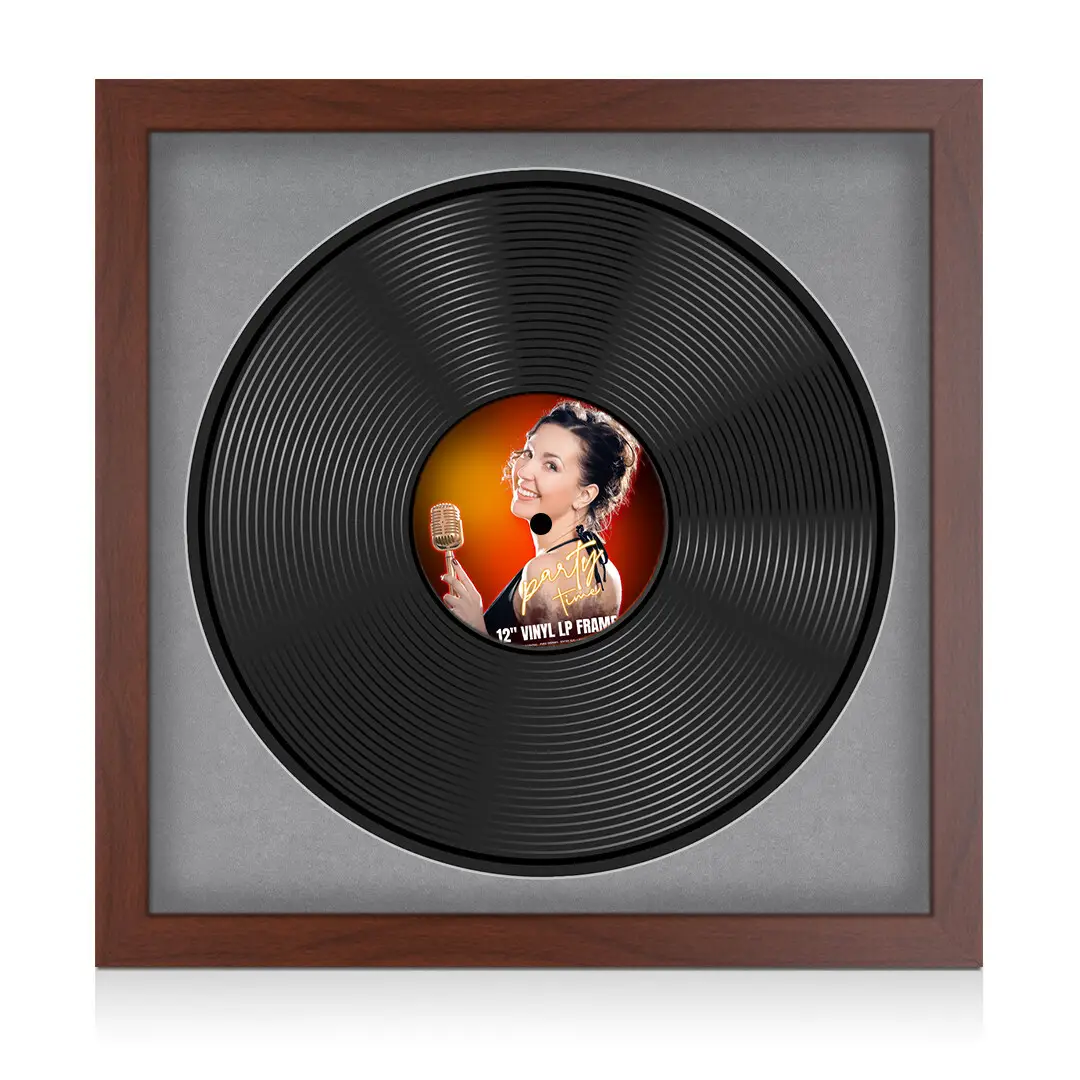 16x16" Modern Rose Wood Vinyl Record Frame With Mid Grey Mount For 12" LP Discs | Elegant Frame For Music Lovers