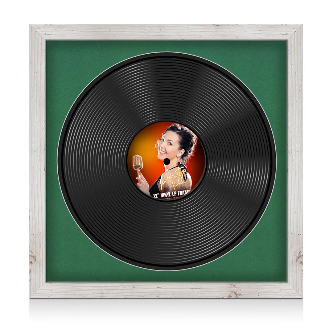 16x16" Modern White Rustic Vinyl Record Frame With Emerald (Green) Mount For 12" LP Discs | Elegant Frame For Music Lovers