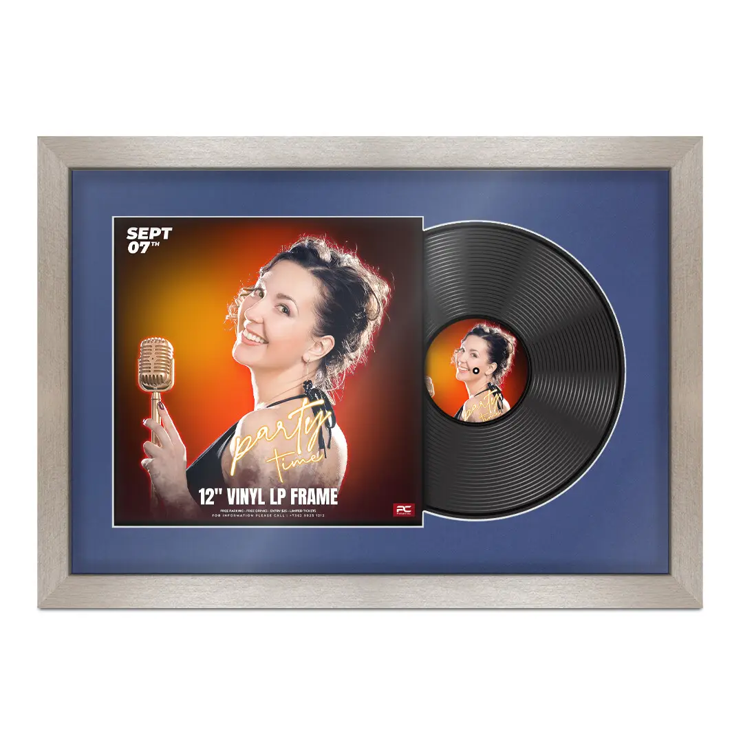 25x17" Modern Aluminium Vinyl Record Frame For 12 Inch LP Cover & Disc With Blue Mount | Overlapped Vinyl Display