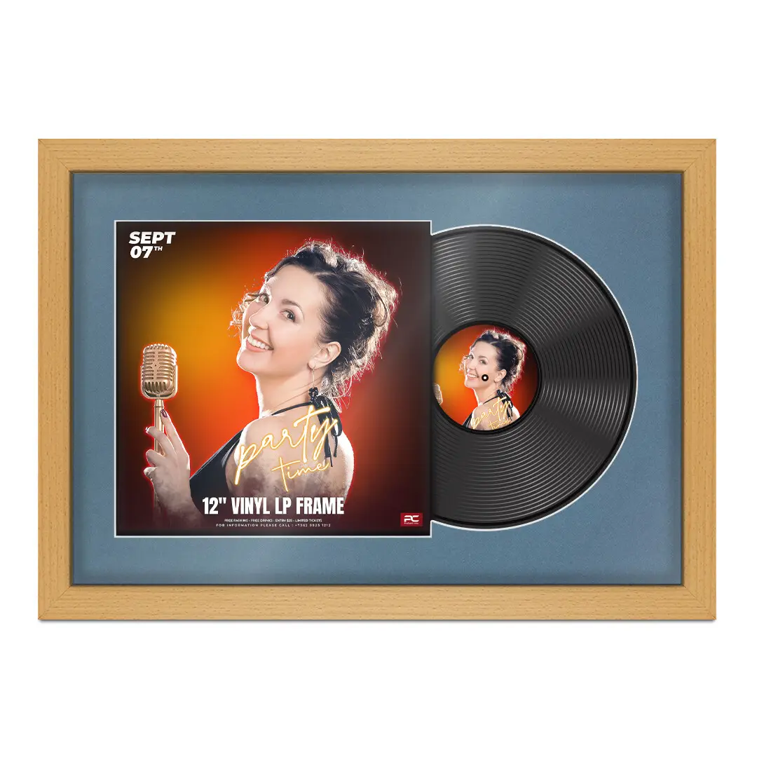 25x17" Modern Country Pine Vinyl Record Frame For 12 Inch LP Cover & Disc (Overlapped) With Pompador Mount | Elegant Music Display