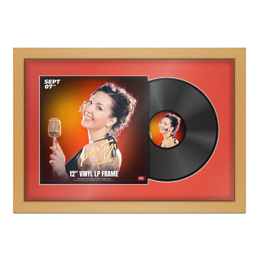 25x17" Modern Country Pine Vinyl Record Frame For 12 Inch LP Cover & Disc With Poppy Red Mount | Overlapped Vinyl Display