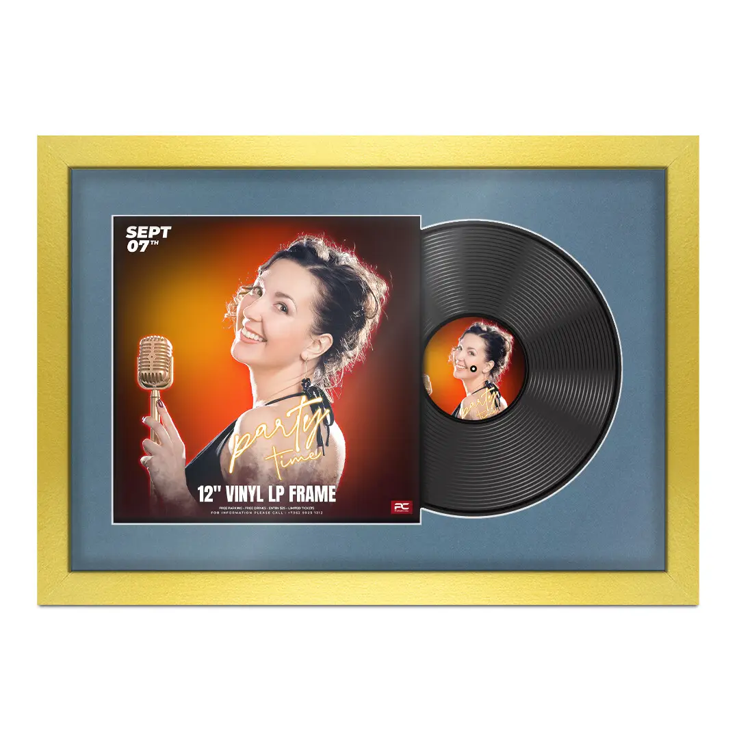 25x17" Modern Gold Vinyl Record Frame For 12 Inch LP Cover & Disc (Overlapped) With White Mount | Elegant Music Display