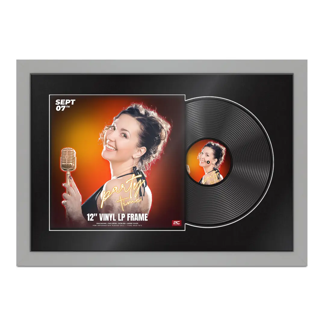 25x17" Modern Light Grey Vinyl Record Frame For 12 Inch LP Cover & Disc With Black Mount | Overlapped Vinyl Display