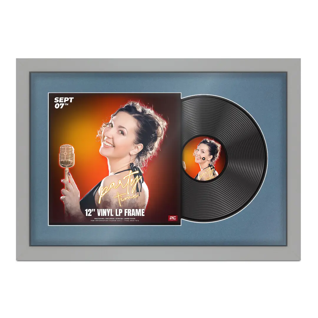 25x17" Modern Light Grey Vinyl Record Frame For 12 Inch LP Cover & Disc With Black Mount | Overlapped Vinyl Display