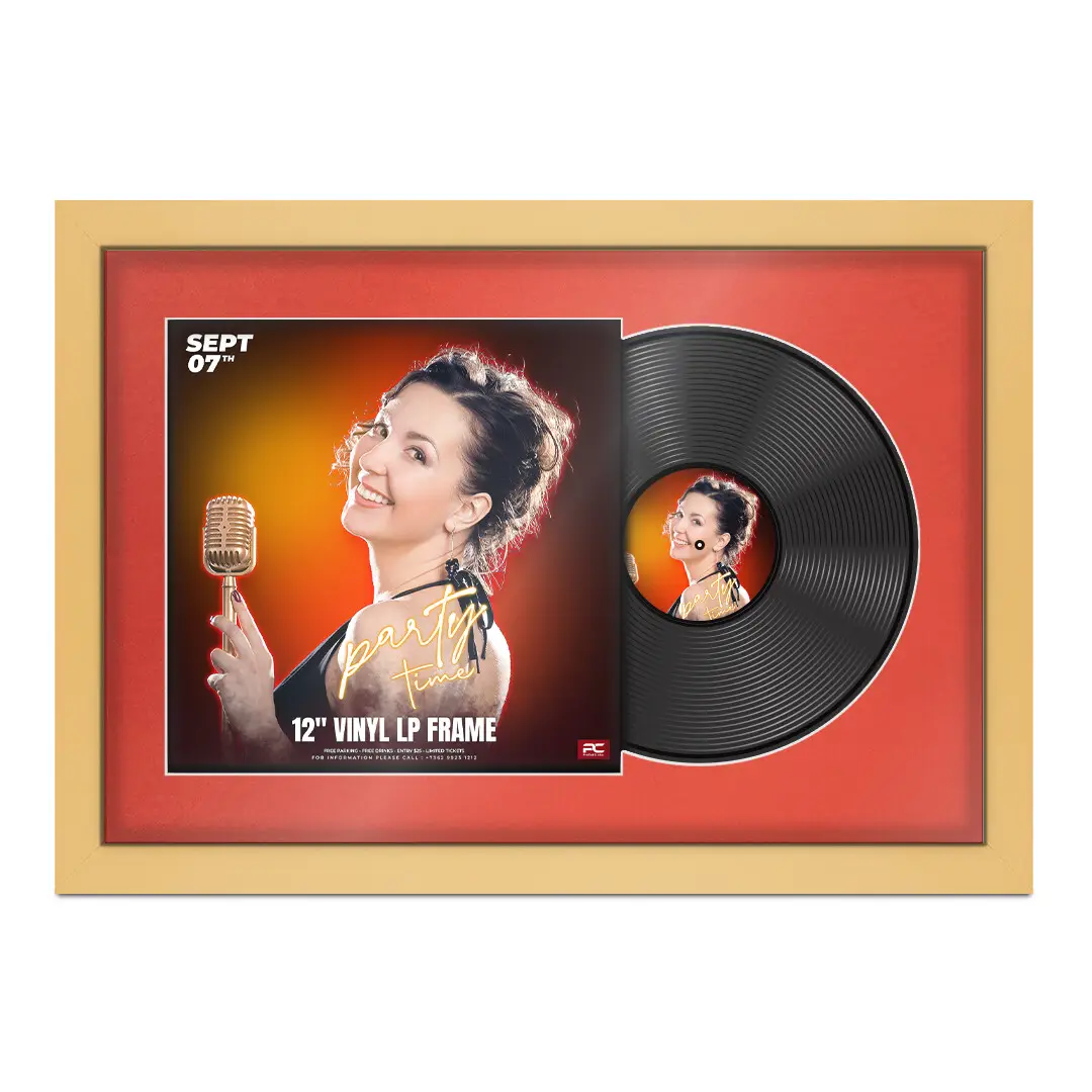 25x17" Modern Mustard Yellow Vinyl Record Frame For 12 Inch LP Cover & Disc With Black Mount | Overlapped Vinyl Display
