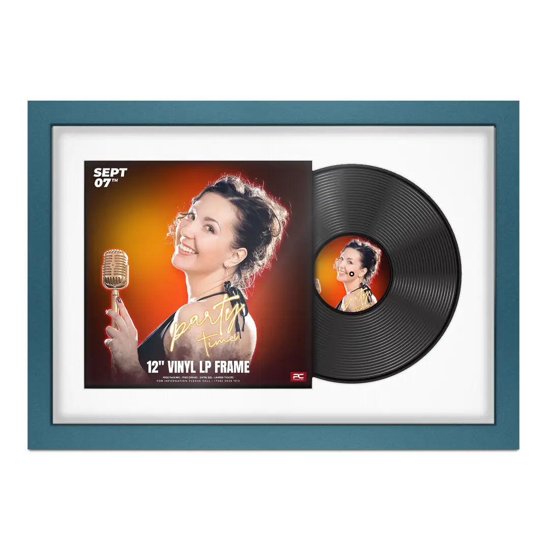 25x17" Modern Navy Blue Vinyl Record Frame For LP Cover & Disc With Ice White Mount | Overlapped Display