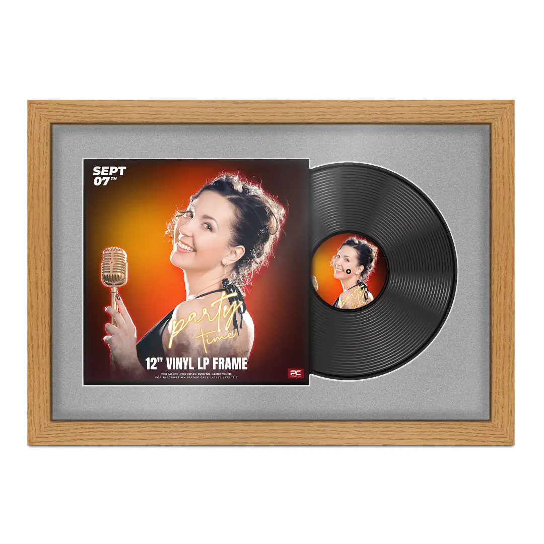 25x17" Modern Oak Vinyl Record Frame For 12 Inch LP Cover & Disc (Overlapped) With Silver Mount | Elegant Music Display