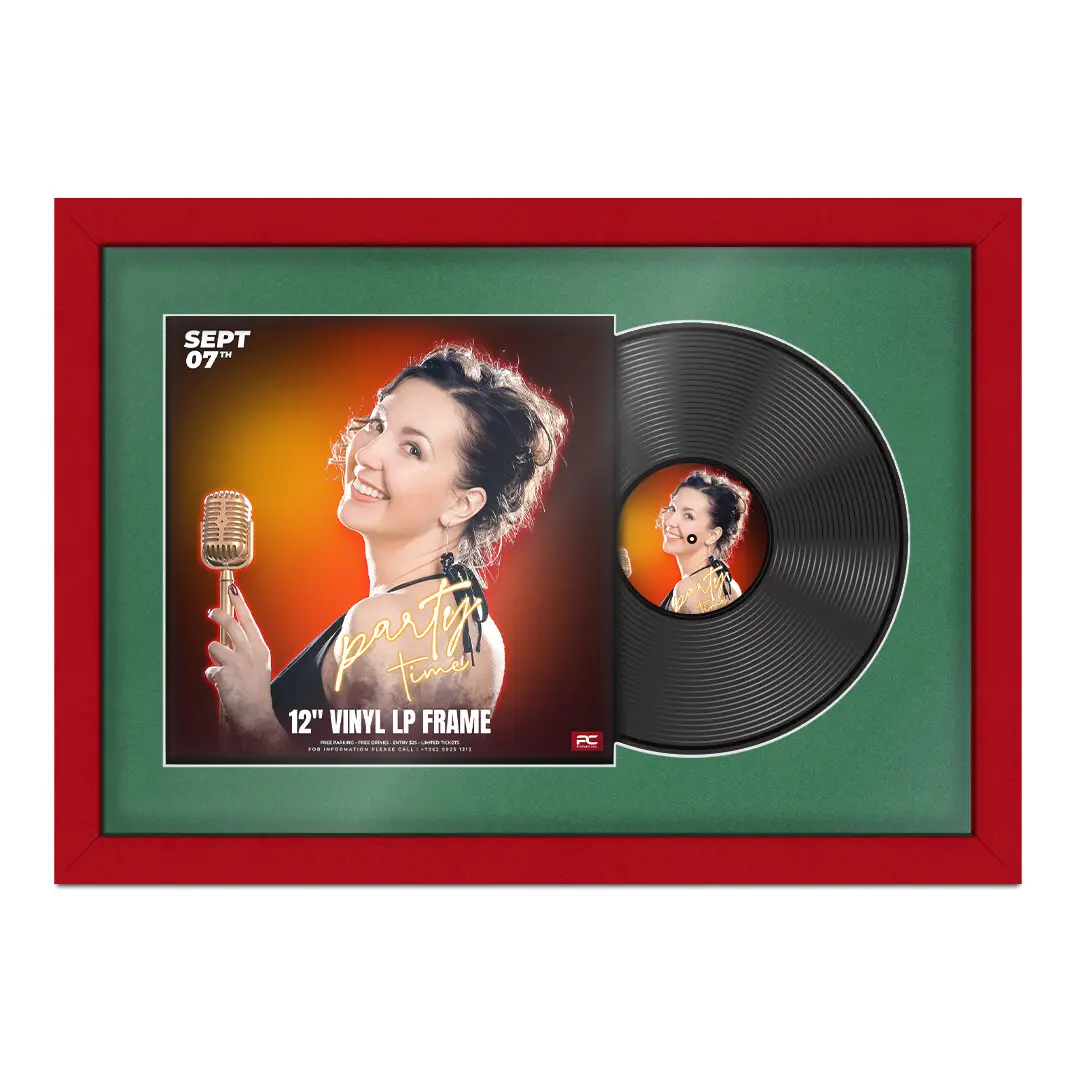 25x17" Modern Vinyl Record Frame For LP Cover & Disc With Poppy Red Mount | Overlapped Display