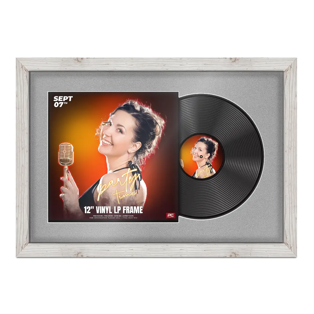 25x17" Modern White Rustic Vinyl Record Frame For LP Cover & Disc With Poppy Red Mount | Overlapped Display