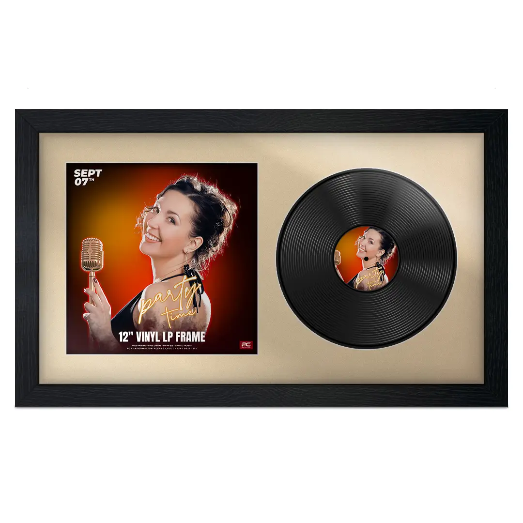 30x17" Modern Black Vinyl Record Frame With Silver Mount | For 12" LP Cover and Disc Side By Side Display