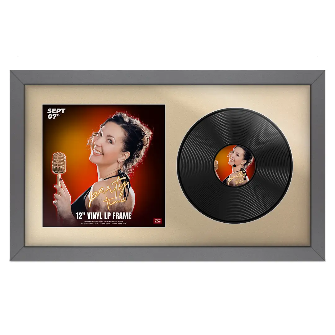 30x17" Modern Dark Grey Vinyl Record Frame With Ivory Mount | For 12" LP Cover and Disc Side By Side Display