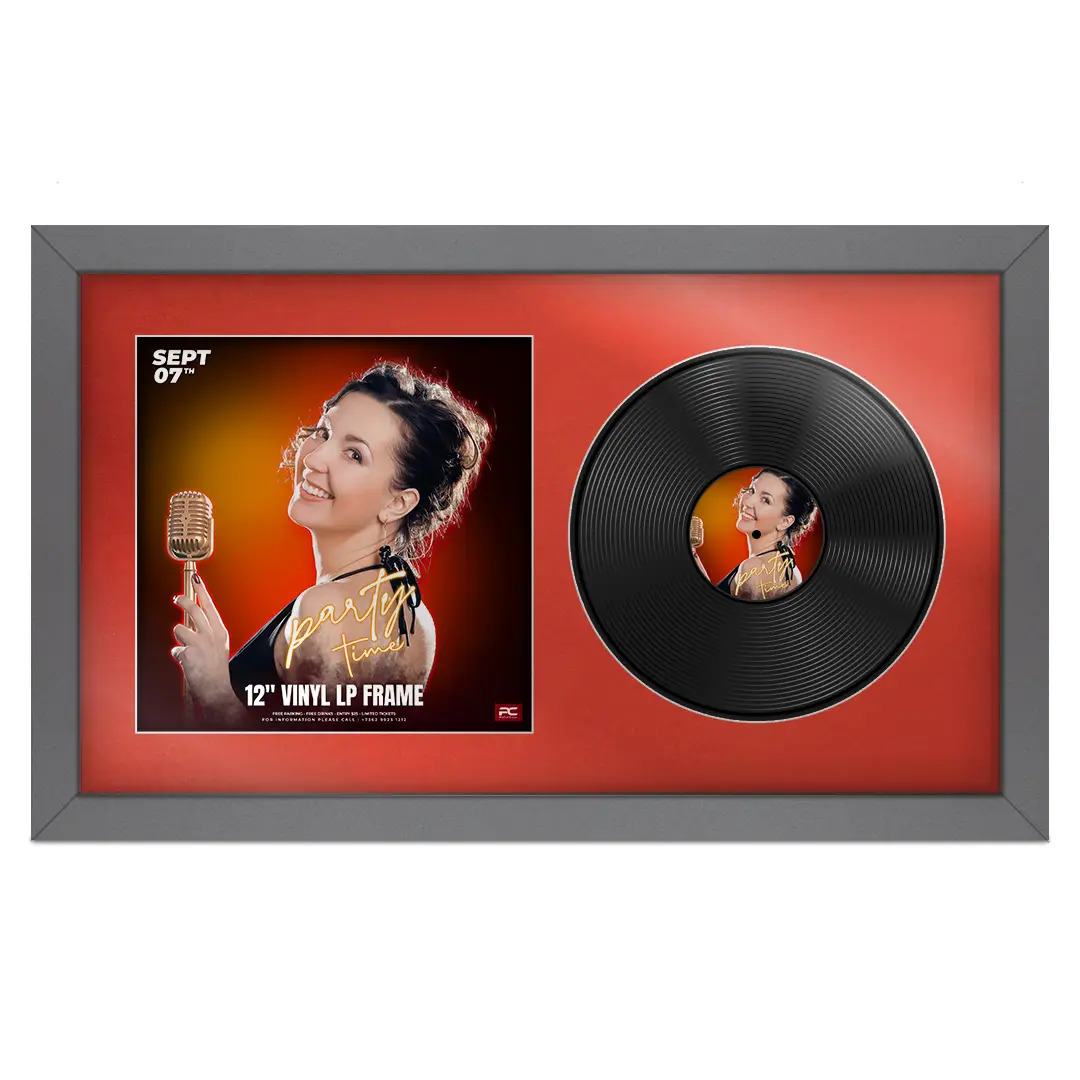 30x17" Modern Dark Grey Vinyl Record Frame With Silver Mount | Displays 12" LP Cover & Disc Side by Side