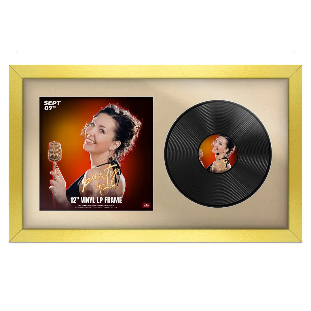 30x17" Modern Gold Vinyl Record Frame With Ivory Mount | For 12" LP Cover and Disc Side By Side Display