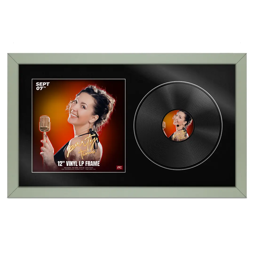 30x17" Modern Green Vinyl Record Frame With Black Mount | For 12" LP Cover and Disc Side By Side Display
