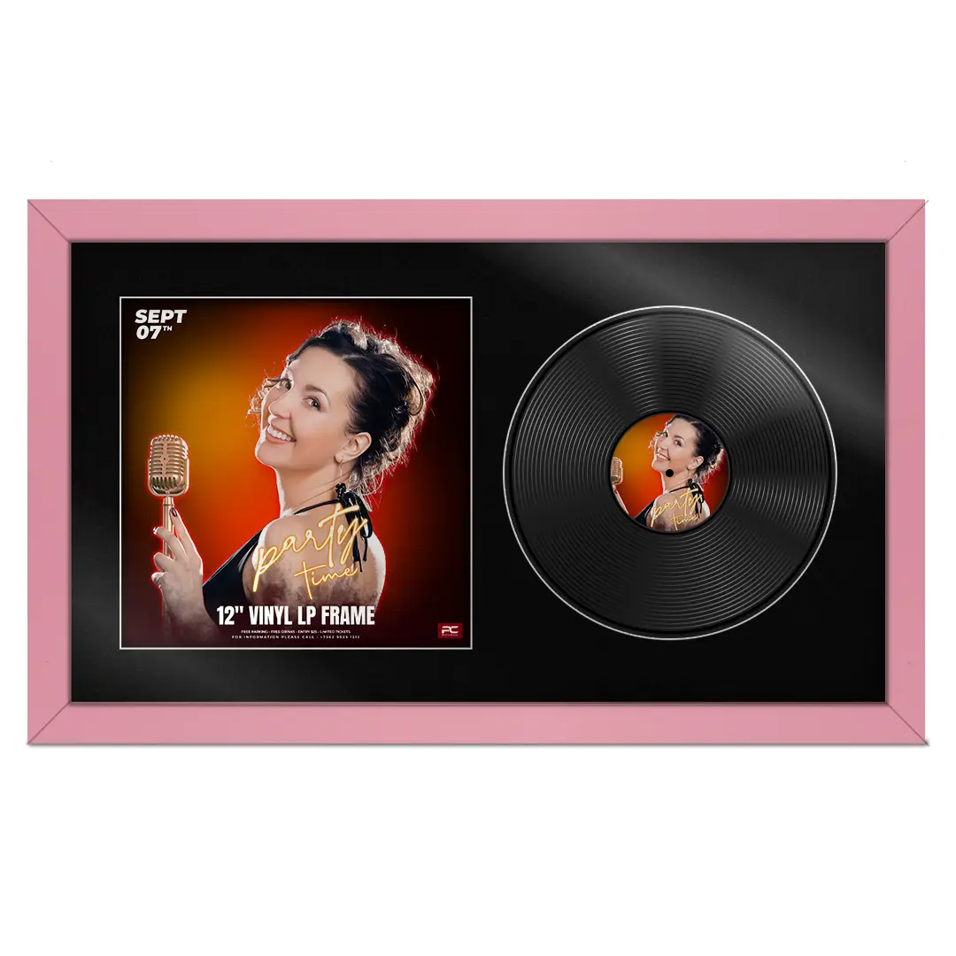 30x17" Modern Pastel Pink Vinyl Record Frame With Poppy Red Mount | Side by Side 12" LP Cover & Disc Display