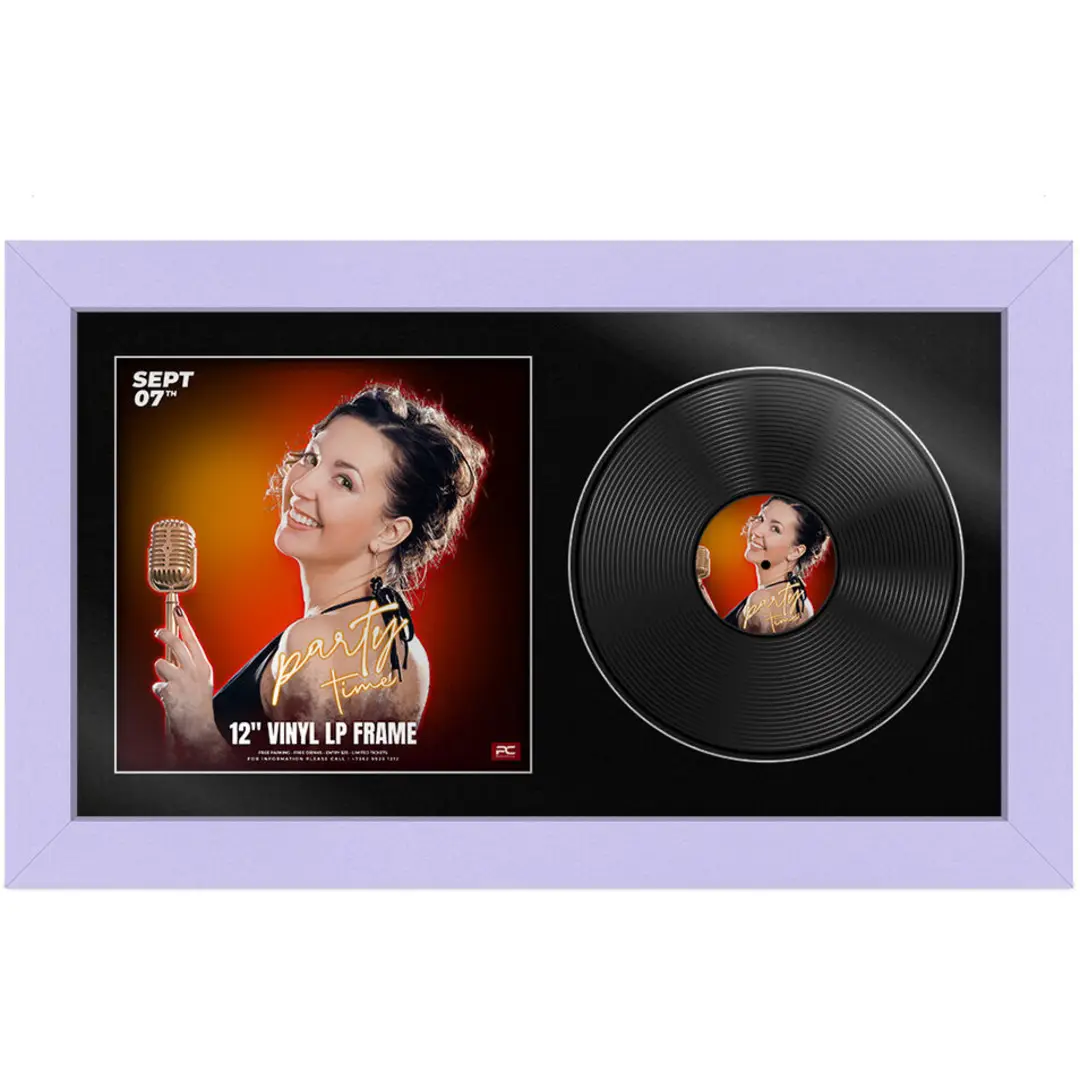 30x17" Modern Purple Vinyl Record Frame With Silver Mount | For 12" LP Cover and Disc Side By Side Display