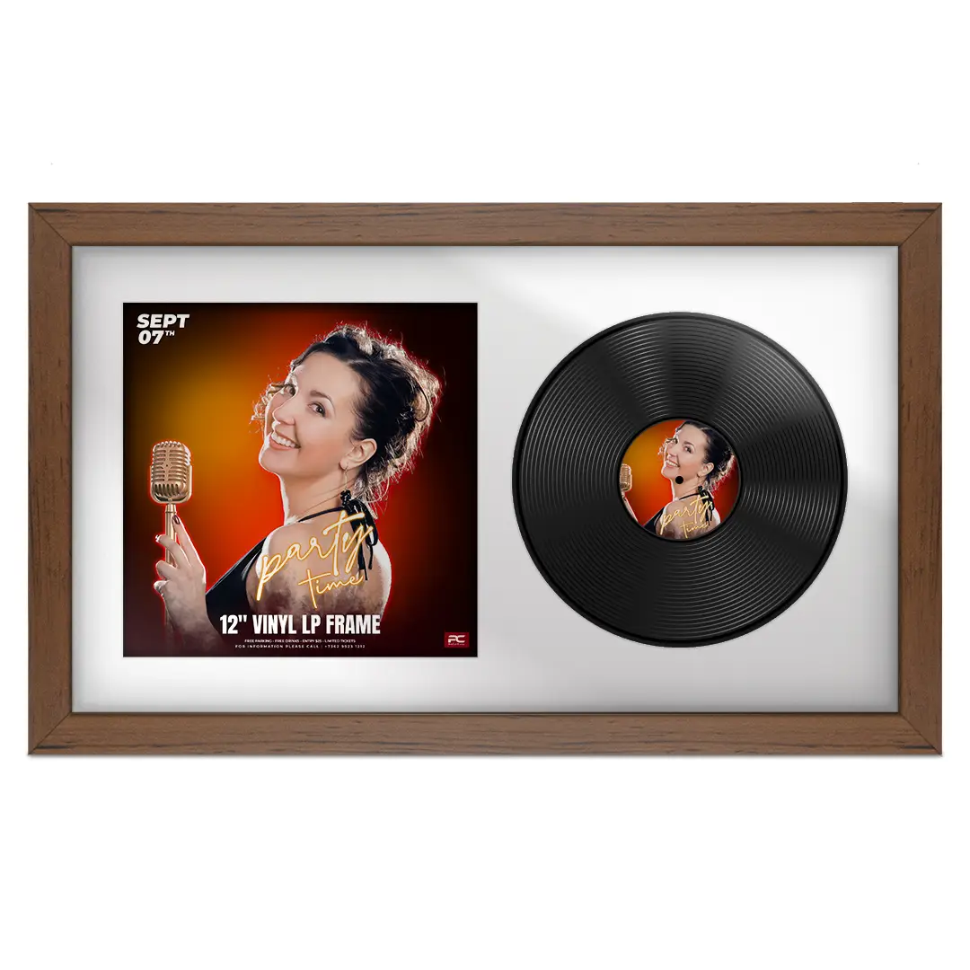 30x17" Modern Walnut Vinyl Record Frame With Poppy Red Mount | Side by Side 12" LP Cover & Disc Display
