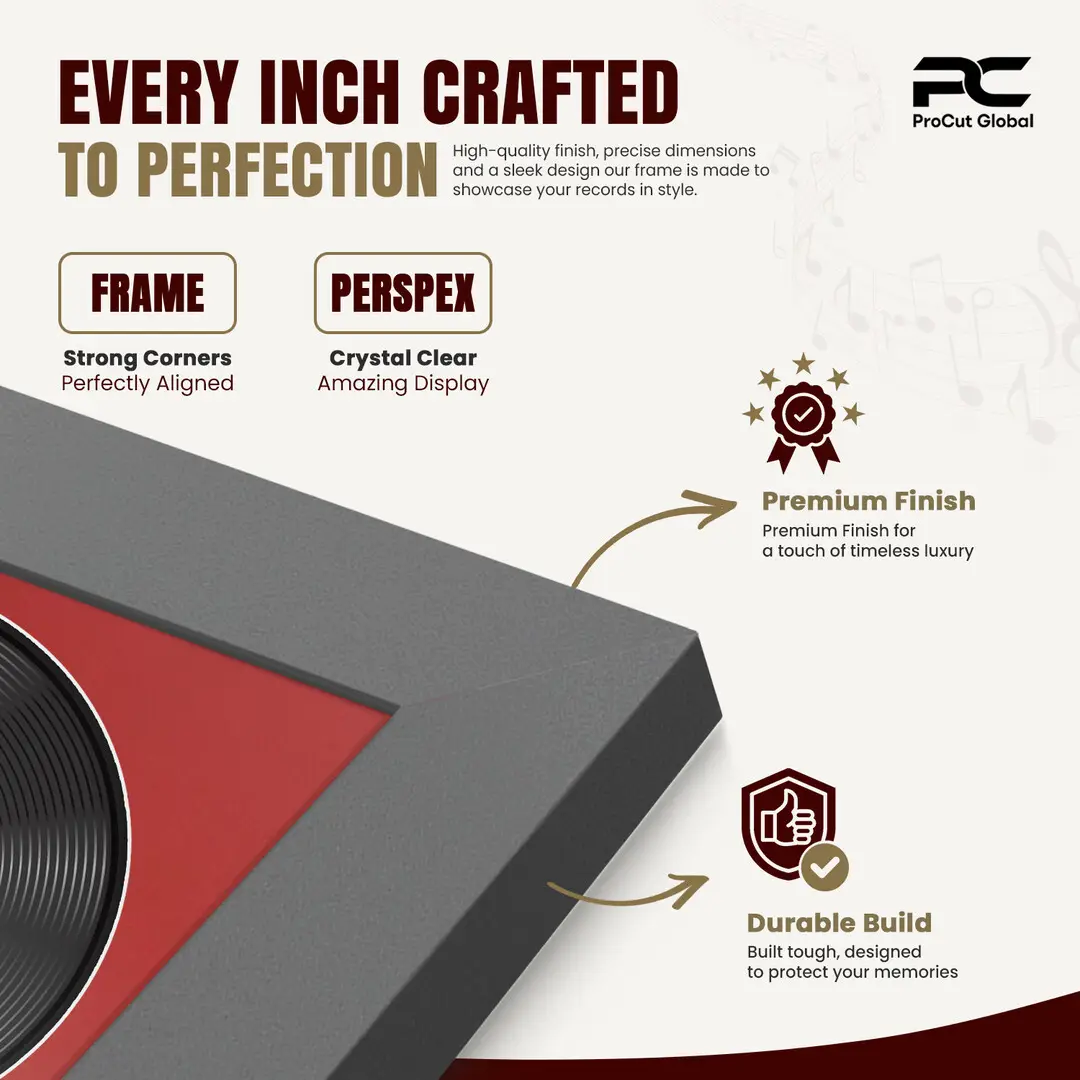 16x16" Modern Dark Grey Vinyl Record Frame With Crimson Mount For 12" LP Discs | Premium Wall Frame For Music Enthusiasts thumbnail 7